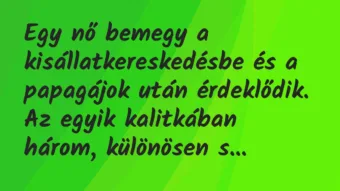 Vicc: Egy nő bemegy a kisállatkereskedésbe és a papagájok után érdeklődik….