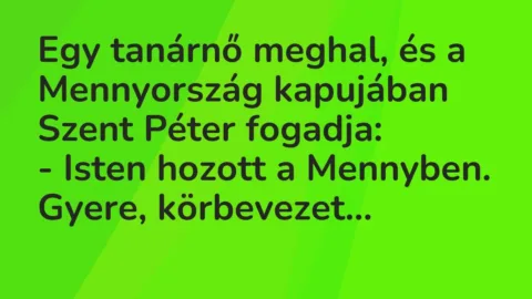 Vicc: Egy tanárnő meghal, és a Mennyország kapujában Szent Péter… Vicc: Egy tanárnő meghal, és a Mennyország kapujában Szent Péter…
