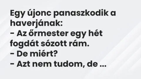 Vicc: Egy újonc panaszkodik a haverjának:
– Az őrmester egy hét fogdát… Vicc: Egy újonc panaszkodik a haverjának:
– Az őrmester egy hét fogdát…