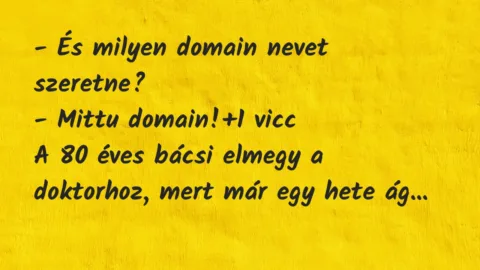 Vicc: – És milyen domain nevet szeretne?
– Mittu domain! Vicc: – És milyen domain nevet szeretne?
– Mittu domain!