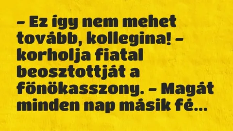 Vicc: – Ez így nem mehet tovább, kollegina! – korholja fiatal beosztottját a… Vicc: – Ez így nem mehet tovább, kollegina! – korholja fiatal beosztottját a…