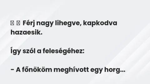 Vicc: 
	    	    Férj nagy lihegve, kapkodva hazaesik.


Így szól a…