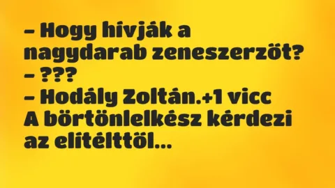 Vicc: – Hogy hívják a nagydarab zeneszerzőt?
– ???
– Hodály… Vicc: – Hogy hívják a nagydarab zeneszerzőt?
– ???
– Hodály…