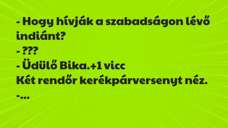 Vicc: – Hogy hívják a szabadságon lévő indiánt?
– ???
– Üdülő… Vicc: – Hogy hívják a szabadságon lévő indiánt?
– ???
– Üdülő…