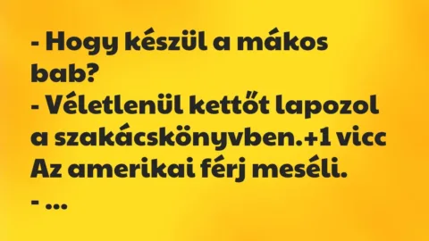 Vicc: – Hogy készül a mákos bab?

– Véletlenül kettőt lapozol a…