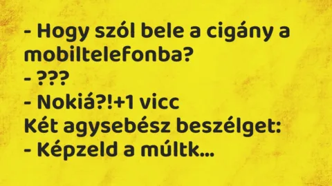 Vicc: – Hogy szól bele a cigány a mobiltelefonba?
– ???
– Nokiá?! Vicc: – Hogy szól bele a cigány a mobiltelefonba?
– ???
– Nokiá?!