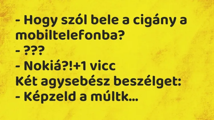 Vicc: – Hogy szól bele a cigány a mobiltelefonba?
– ???
– Nokiá?! Vicc: – Hogy szól bele a cigány a mobiltelefonba?
– ???
– Nokiá?!