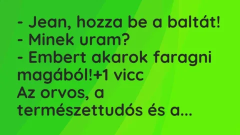 Vicc: – Jean, hozza be a baltát!
– Minek uram?
– Embert akarok… Vicc: – Jean, hozza be a baltát!
– Minek uram?
– Embert akarok…