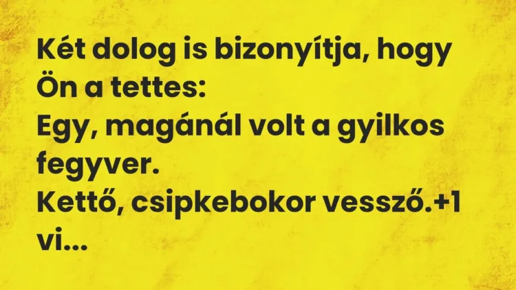 Vicc: Két dolog is bizonyítja, hogy Ön a tettes:
Egy, magánál volt a… Vicc: Két dolog is bizonyítja, hogy Ön a tettes:
Egy, magánál volt a…