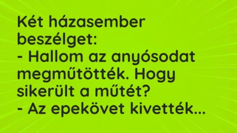 Vicc: Két házasember beszélget:

– Hallom az anyósodat megműtötték. Hogy…