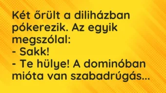 Vicc: Két őrült a diliházban pókerezik. Az egyik megszólal: -… Vicc: Két őrült a diliházban pókerezik. Az egyik megszólal: -…