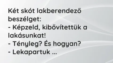 Vicc: Két skót lakberendező beszélget:

– Képzeld, kibővítettük a…