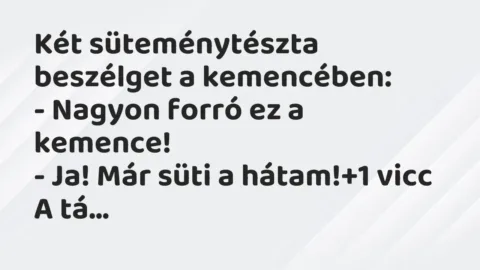 Vicc: Két süteménytészta beszélget a kemencében:

– Nagyon forró ez a…