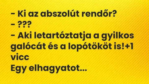 Vicc: – Ki az abszolút rendőr?
– ???
– Aki letartóztatja a gyilkos… Vicc: – Ki az abszolút rendőr?
– ???
– Aki letartóztatja a gyilkos…