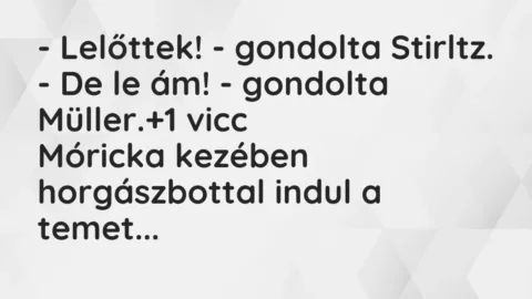 Vicc: – Lelőttek! – gondolta Stirltz.
– De le ám! – gondolta Müller. Vicc: – Lelőttek! – gondolta Stirltz.
– De le ám! – gondolta Müller.