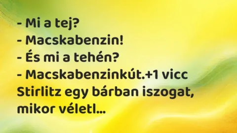 Vicc: – Mi a tej?
– Macskabenzin!
– És mi a tehén?
-… Vicc: – Mi a tej?
– Macskabenzin!
– És mi a tehén?
-…