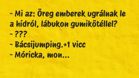 Vicc: – Mi az: Öreg emberek ugrálnak le a hídról, lábukon… Vicc: – Mi az: Öreg emberek ugrálnak le a hídról, lábukon…