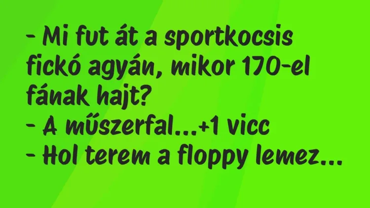 Vicc: – Mi fut át a sportkocsis fickó agyán, mikor 170-el fának hajt?
-… Vicc: – Mi fut át a sportkocsis fickó agyán, mikor 170-el fának hajt?
-…