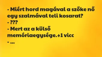 Vicc: – Miért hord magával a szőke nő egy szalmával teli kosarat? -… Vicc: – Miért hord magával a szőke nő egy szalmával teli kosarat? -…