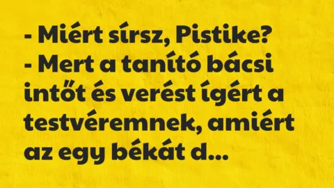 Vicc: – Miért sírsz, Pistike?

– Mert a tanító bácsi intőt és verést…