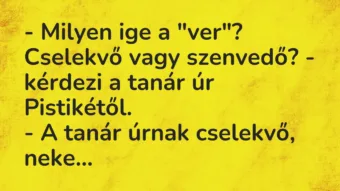 Vicc: – Milyen ige a „ver”? Cselekvő vagy szenvedő? – kérdezi a tanár úr…