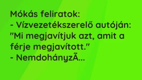 Vicc: Mókás feliratok:
– Vízvezetékszerelő autóján: „Mi megjavítjuk azt… Vicc: Mókás feliratok:
– Vízvezetékszerelő autóján: „Mi megjavítjuk azt…