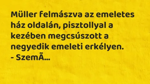 Vicc: Müller felmászva az emeletes ház oldalán, pisztollyal a kezében…