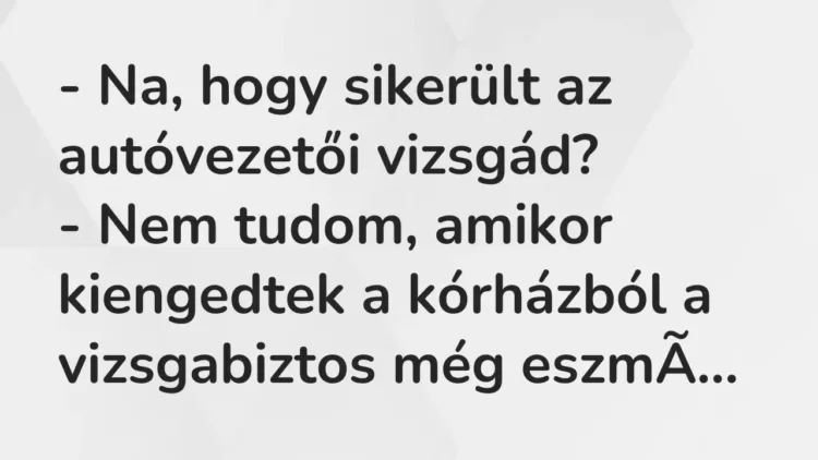 Vicc: – Na, hogy sikerült az autóvezetői vizsgád?
– Nem tudom, amikor… Vicc: – Na, hogy sikerült az autóvezetői vizsgád?
– Nem tudom, amikor…