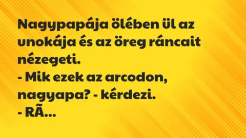 Vicc: Nagypapája ölében ül az unokája és az öreg ráncait nézegeti.
-… Vicc: Nagypapája ölében ül az unokája és az öreg ráncait nézegeti.
-…