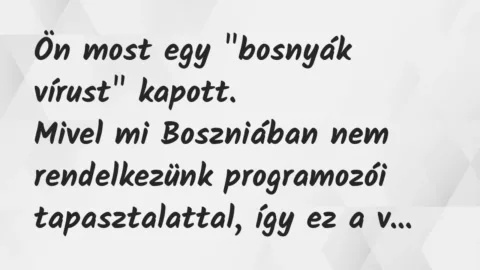 Vicc: Ön most egy „bosnyák vírust” kapott.

Mivel mi Boszniában nem…
