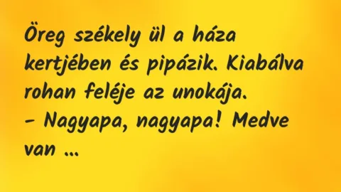 Vicc: Öreg székely ül a háza kertjében és pipázik. Kiabálva rohan feléje az… Vicc: Öreg székely ül a háza kertjében és pipázik. Kiabálva rohan feléje az…