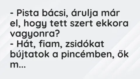 Vicc: – Pista bácsi, árulja már el, hogy tett szert ekkora vagyonra?

-…