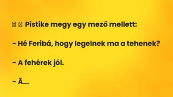Vicc: Pistike megy egy mező mellett: – Hé Feribá, hogy… Vicc: Pistike megy egy mező mellett: – Hé Feribá, hogy…