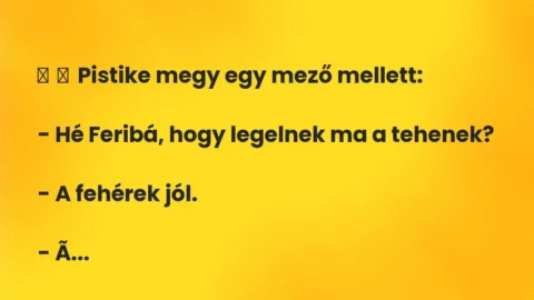 Vicc:
Pistike megy egy mező mellett:
– Hé Feribá, hogy… Vicc:
Pistike megy egy mező mellett:
– Hé Feribá, hogy…