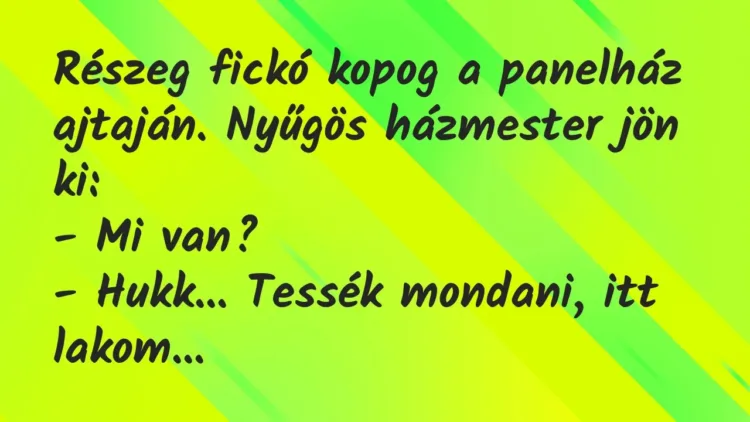 Vicc: Részeg fickó kopog a panelház ajtaján. Nyűgös házmester jön ki:
-… Vicc: Részeg fickó kopog a panelház ajtaján. Nyűgös házmester jön ki:
-…