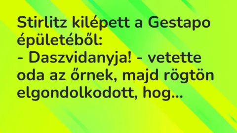 Vicc: Stirlitz kilépett a Gestapo épületéből:
– Daszvidanyja! – vetette… Vicc: Stirlitz kilépett a Gestapo épületéből:
– Daszvidanyja! – vetette…