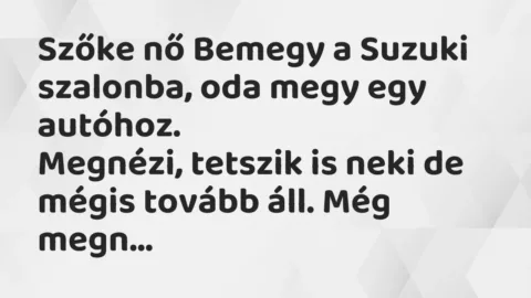 Vicc: Szőke nő Bemegy a Suzuki szalonba, oda megy egy autóhoz.
Megnézi,… Vicc: Szőke nő Bemegy a Suzuki szalonba, oda megy egy autóhoz.
Megnézi,…