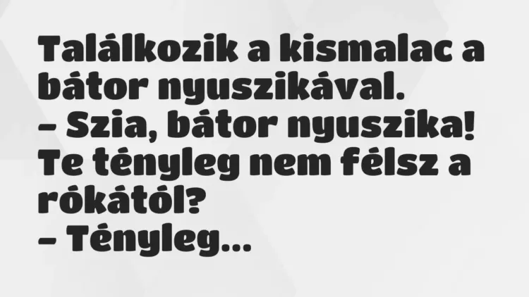Vicc: Találkozik a kismalac a bátor nyuszikával.
– Szia, bátor… Vicc: Találkozik a kismalac a bátor nyuszikával.
– Szia, bátor…