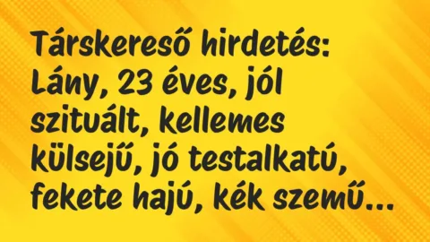 Vicc: Társkereső hirdetés:

Lány, 23 éves, jól szituált, kellemes…