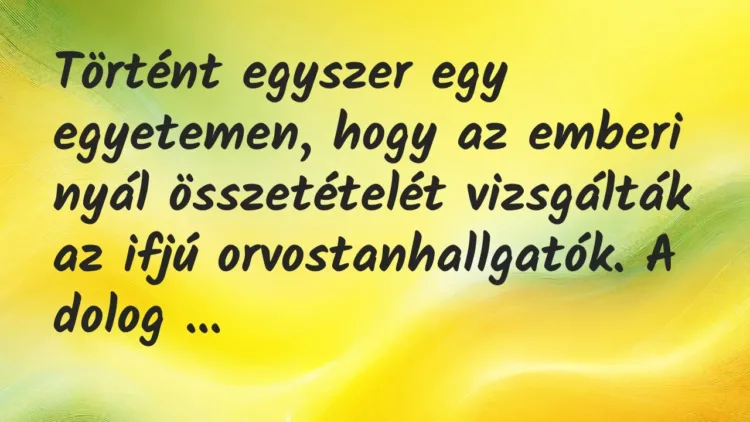 Vicc: Történt egyszer egy egyetemen, hogy az emberi nyál összetételét… Vicc: Történt egyszer egy egyetemen, hogy az emberi nyál összetételét…