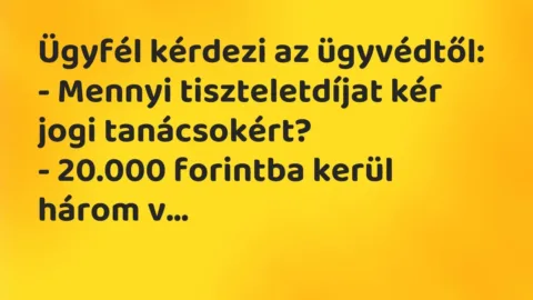 Vicc: Ügyfél kérdezi az ügyvédtől:
– Mennyi tiszteletdíjat kér jogi… Vicc: Ügyfél kérdezi az ügyvédtől:
– Mennyi tiszteletdíjat kér jogi…