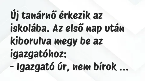 Vicc: Új tanárnő érkezik az iskolába. Az első nap után kiborulva megy be az…