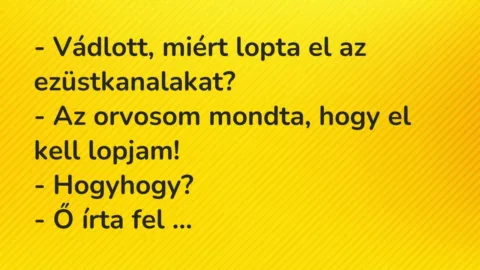 Vicc: – Vádlott, miért lopta el az ezüstkanalakat?

– Az orvosom mondta,…