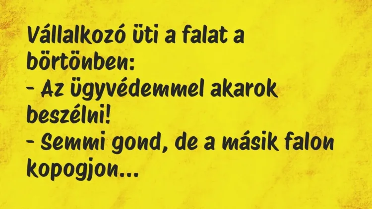 Vicc: Vállalkozó üti a falat a börtönben:
– Az ügyvédemmel akarok… Vicc: Vállalkozó üti a falat a börtönben:
– Az ügyvédemmel akarok…
