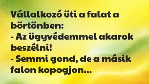 Vicc: Vállalkozó üti a falat a börtönben:
– Az ügyvédemmel akarok… Vicc: Vállalkozó üti a falat a börtönben:
– Az ügyvédemmel akarok…