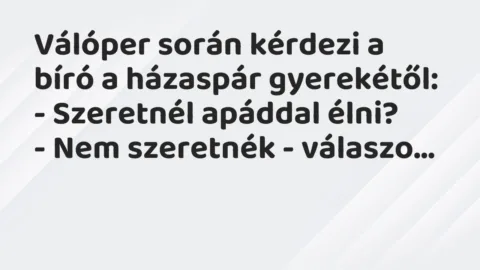 Vicc: Válóper során kérdezi a bíró a házaspár gyerekétől:
– Szeretnél a… Vicc: Válóper során kérdezi a bíró a házaspár gyerekétől:
– Szeretnél a…