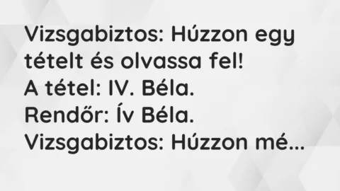Vicc: Vizsgabiztos: Húzzon egy tételt és olvassa fel!

A tétel: IV….