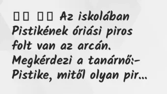 Viccek: 
		  
		  Az iskolában Pistikének óriási piros folt van az …
