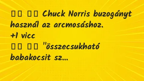 Viccek:
Chuck Norris buzogányt használ az arcmosáshoz. Viccek:
Chuck Norris buzogányt használ az arcmosáshoz.