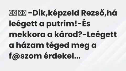 Viccek:
-Dik,képzeld Rezső,há leégett a putrim!-És… Viccek:
-Dik,képzeld Rezső,há leégett a putrim!-És…